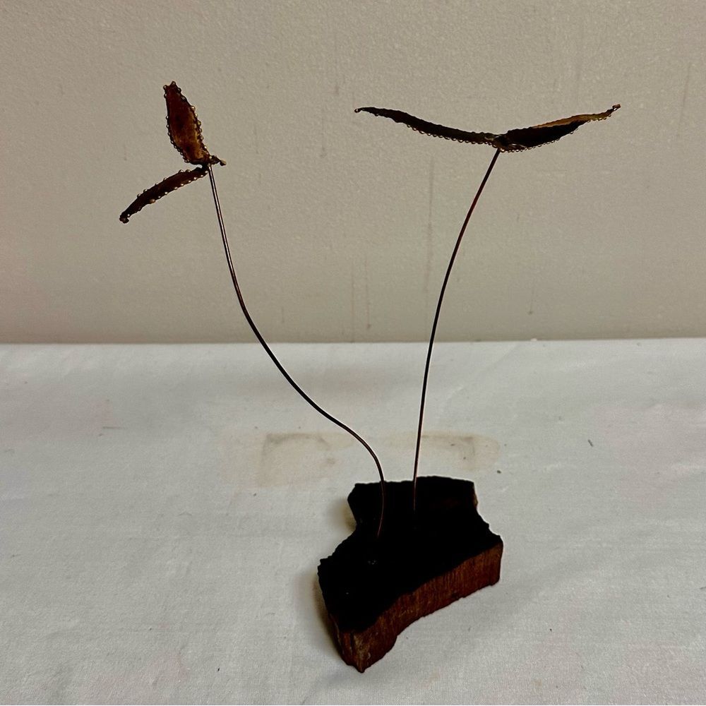 Mid-Century Brutalist Abstract Brown Metal Sculpture Brass Birds